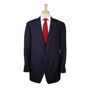 Andrew Lock Custom Tailored Navy Blue Pinstripe 2-Btn Wool Handmade Suit 46L